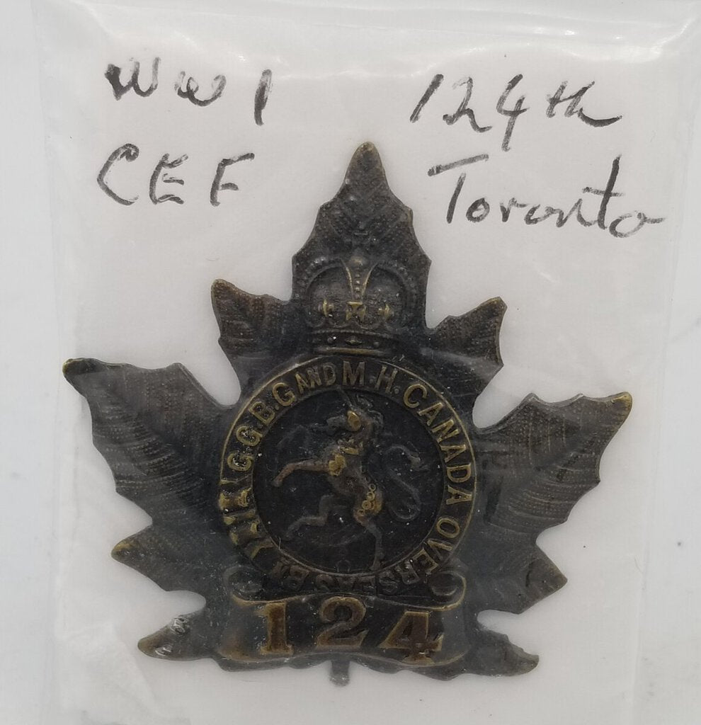 WW1 Canadian Military Cap Badge - 124th war memorabilia (JL)