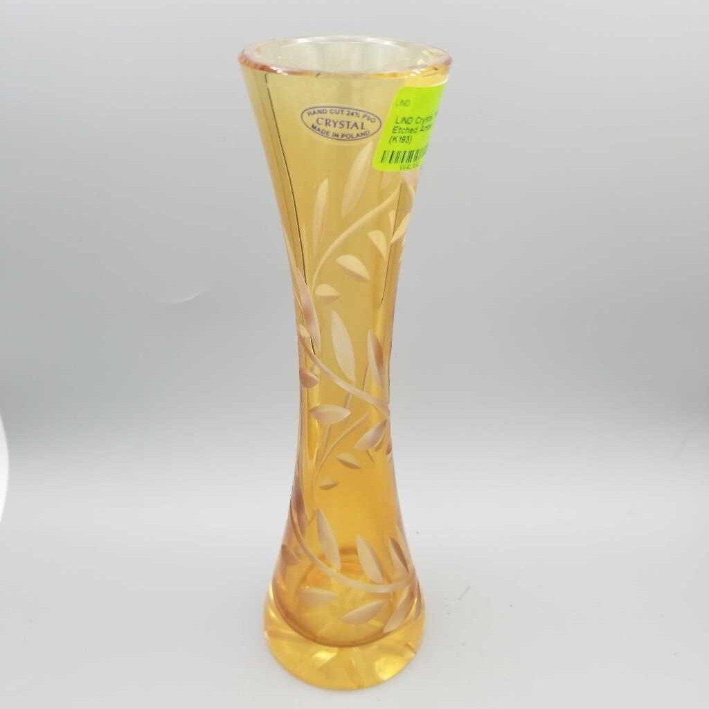 Crystal "Made in Poland" Etched Amber Vase (LIND) (K193)