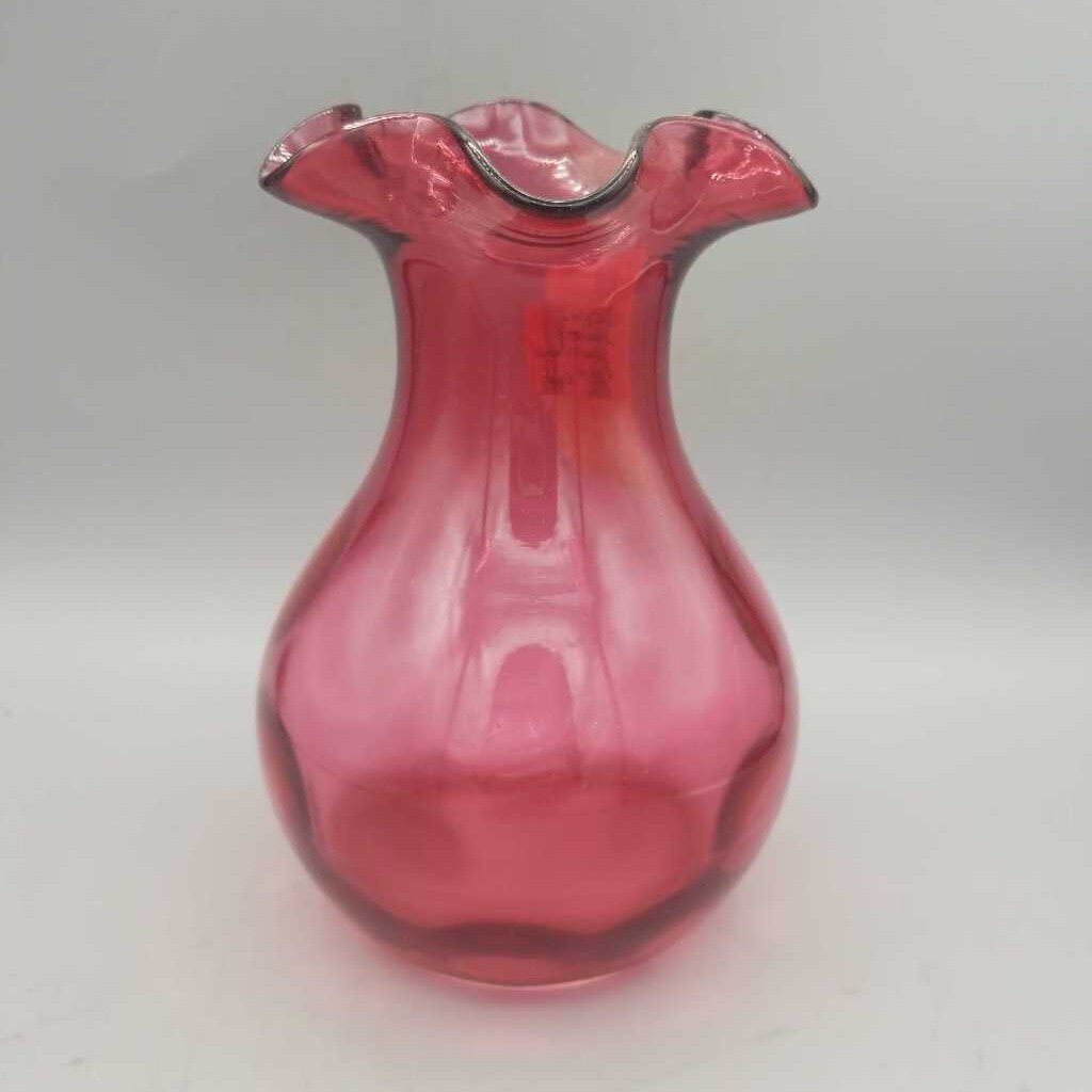 Thumb Print Cranberry Glass Vase Ribbon Handle (RHA)