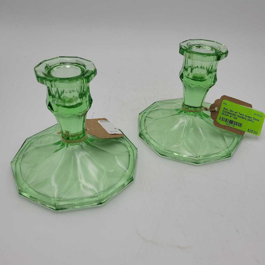 Set of Two Green Glass Candlestick Holders (SAL)