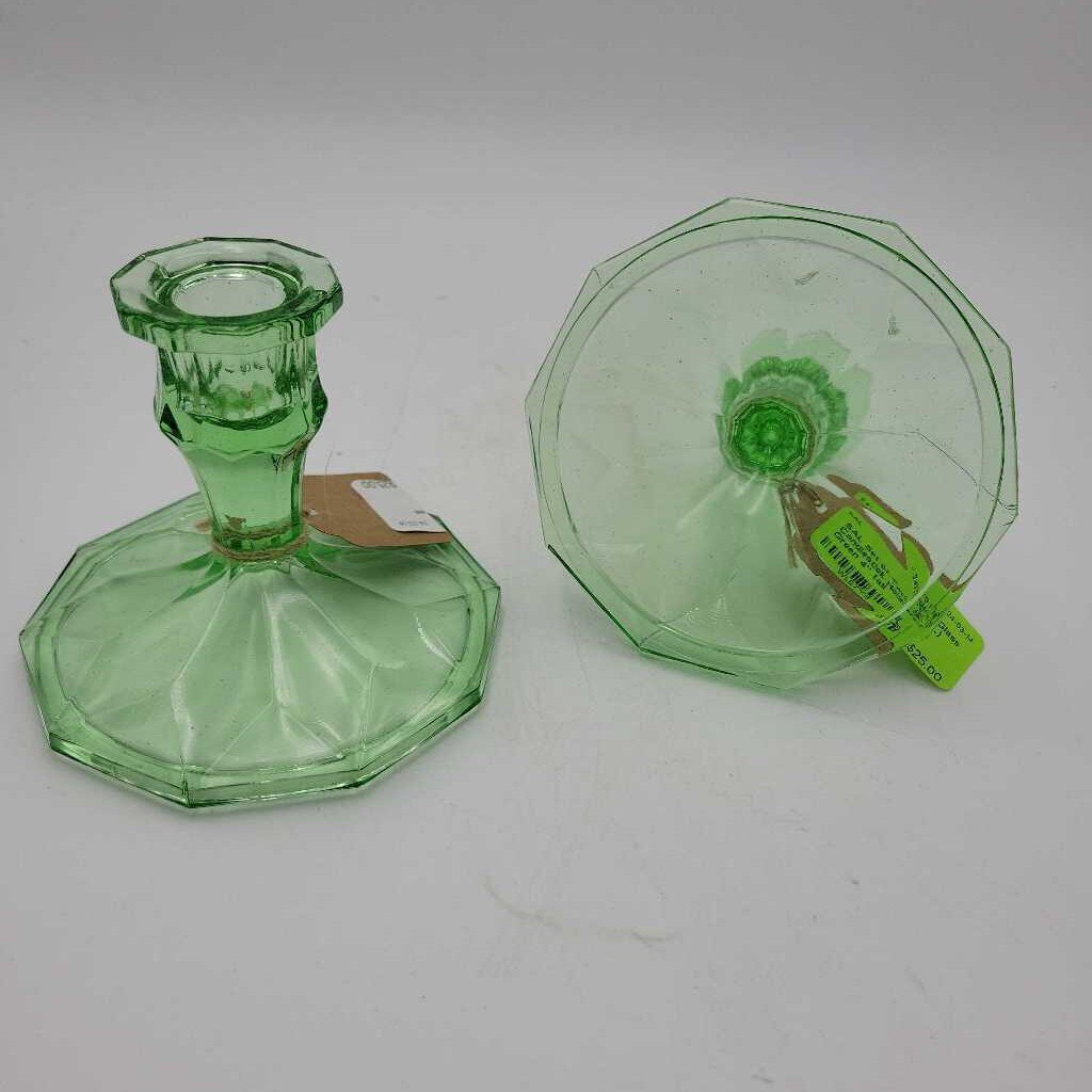 Set of Two Green Glass Candlestick Holders (SAL)