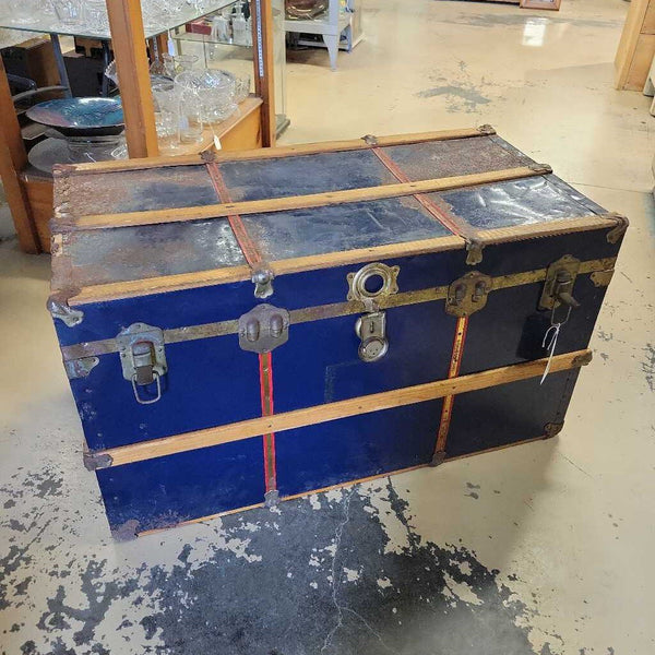 HB 1 Vintage Blue metal Steamer trunk. Wooden strapping and red details