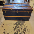 HB 1 Vintage Blue metal Steamer trunk. Wooden strapping and red details