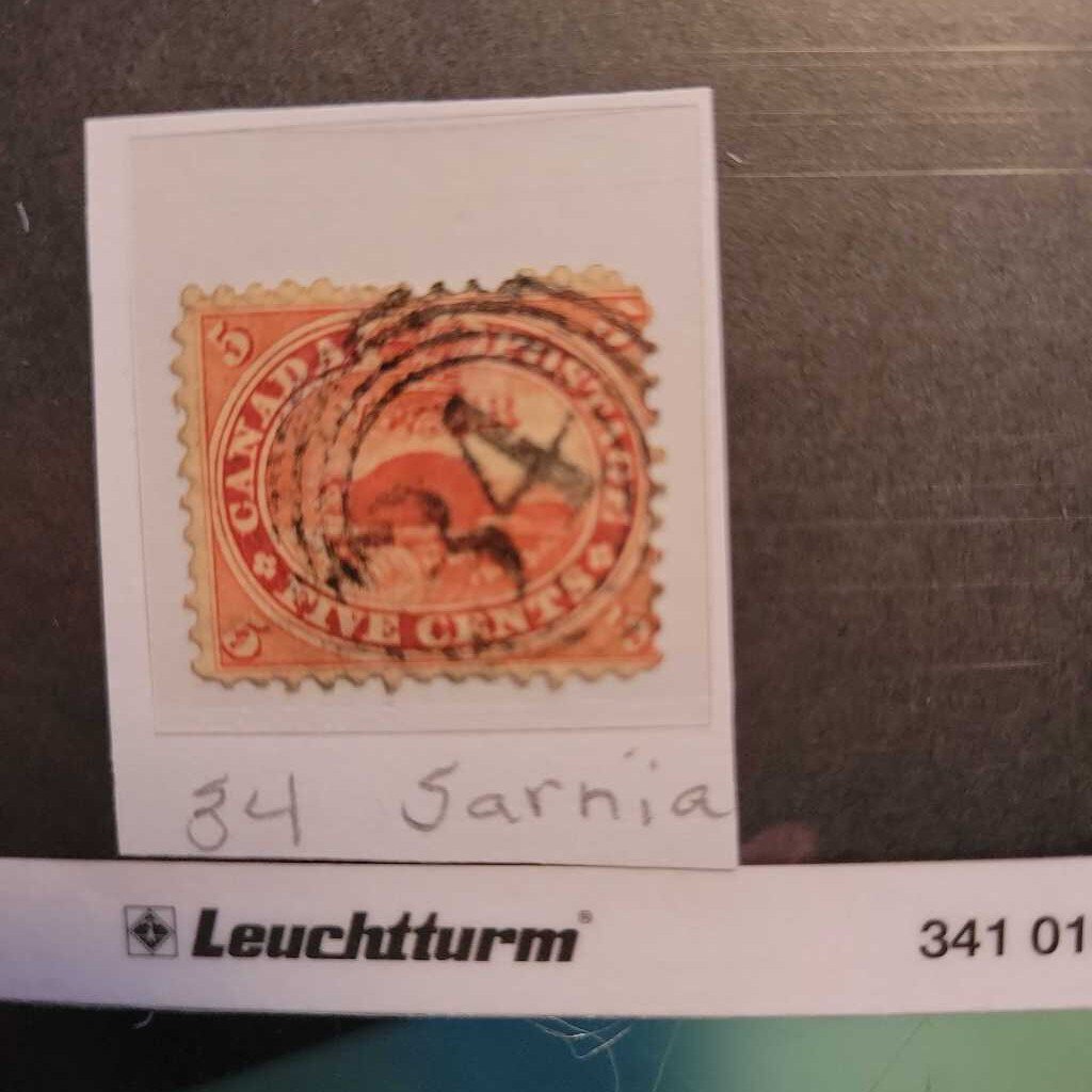 Beaver 5C Canadian Stamp " Sarnia" (Jef) Scott #15 4 ring 34