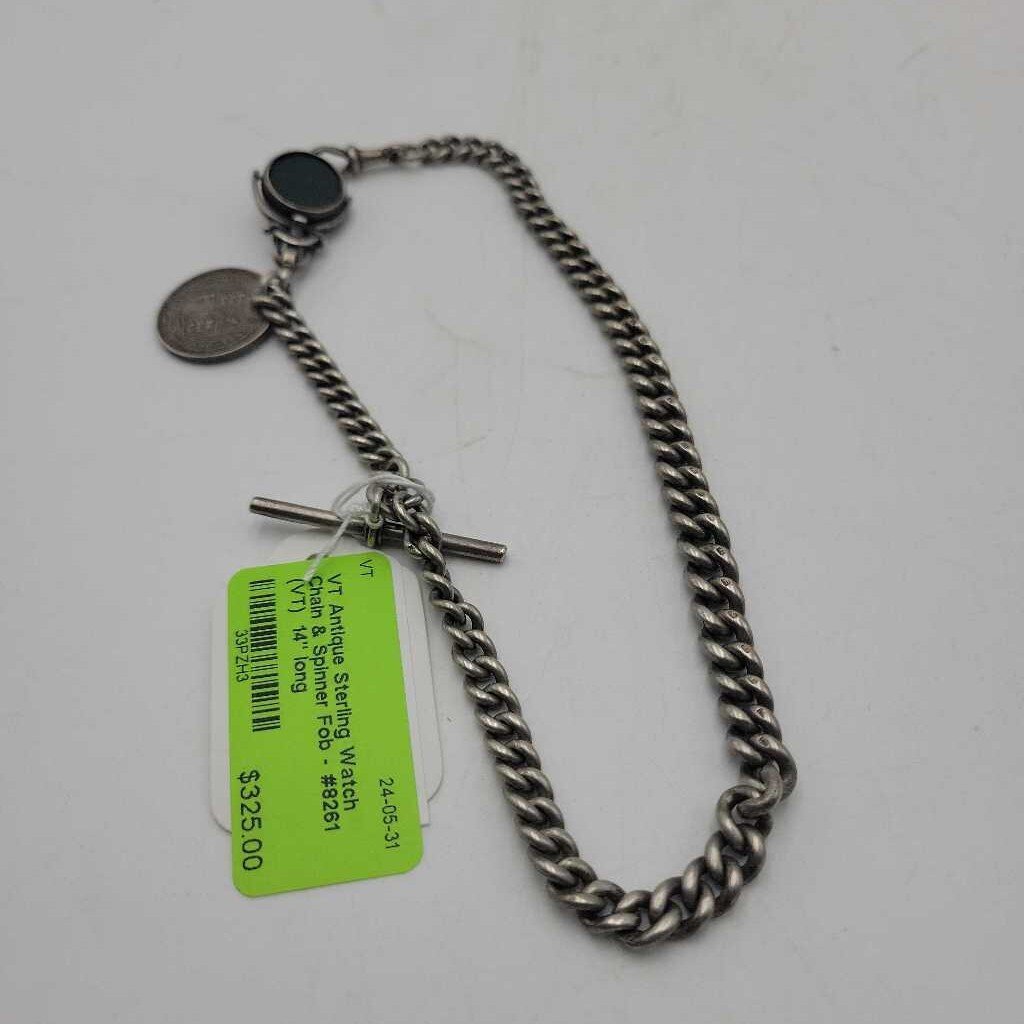 Antique Sterling Watch Chain & Spinner Fob - #8261 (VT)