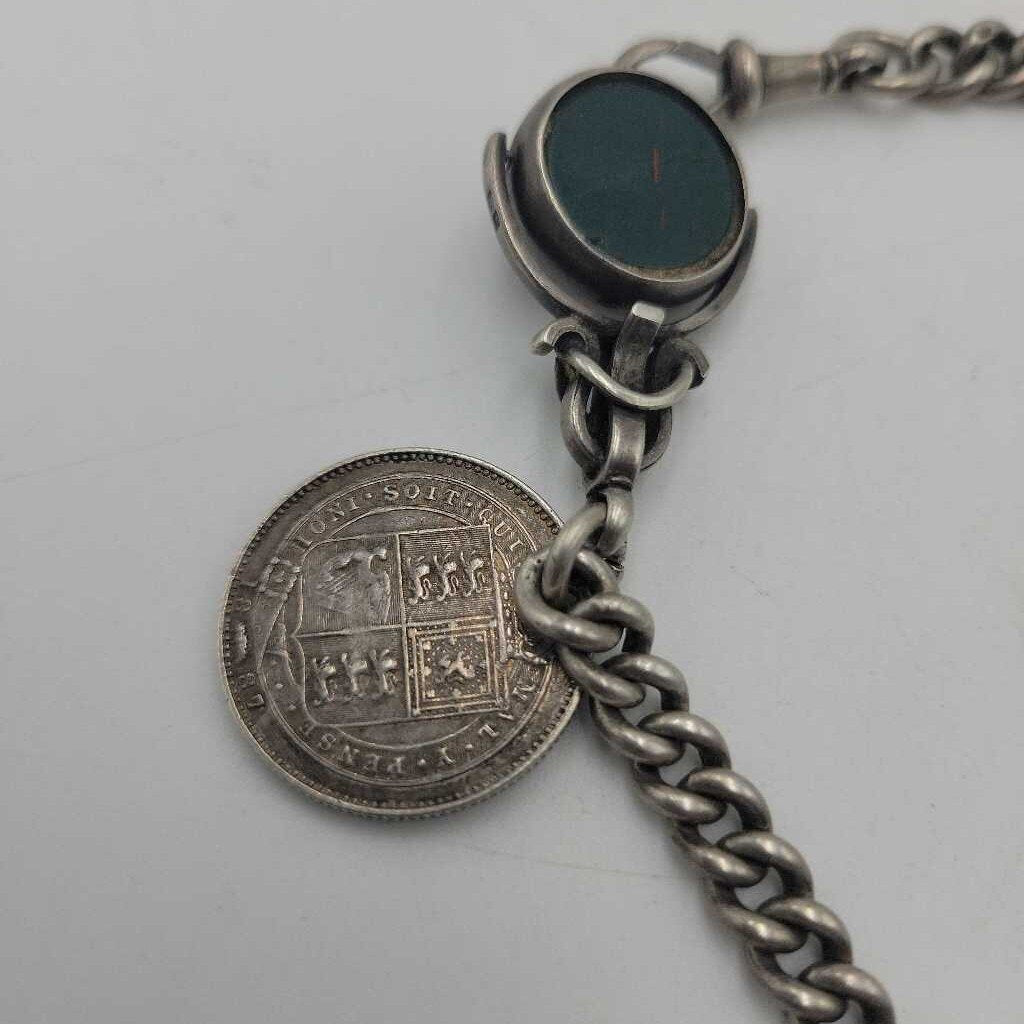 Antique Sterling Watch Chain & Spinner Fob - #8261 (VT)