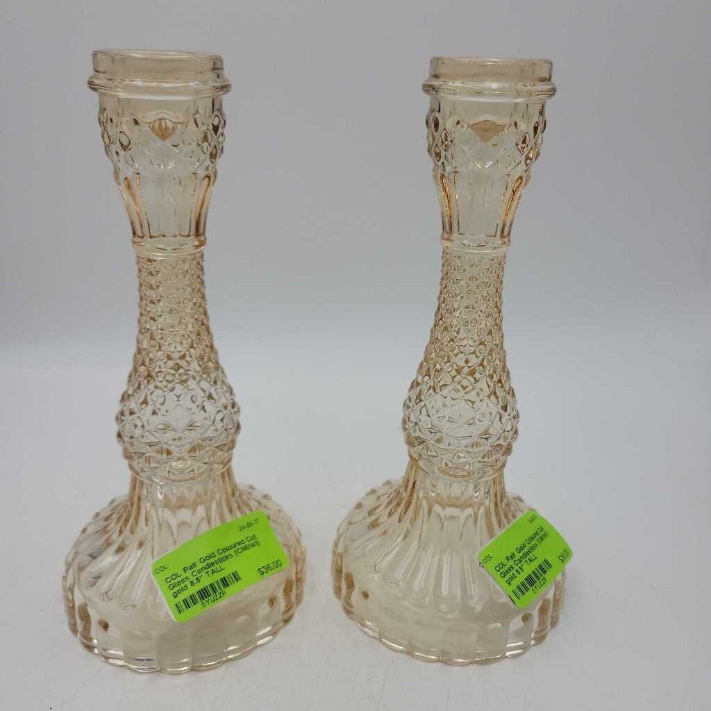 Pair Gold Coloured Cut Glass Candlesticks (CM0141)