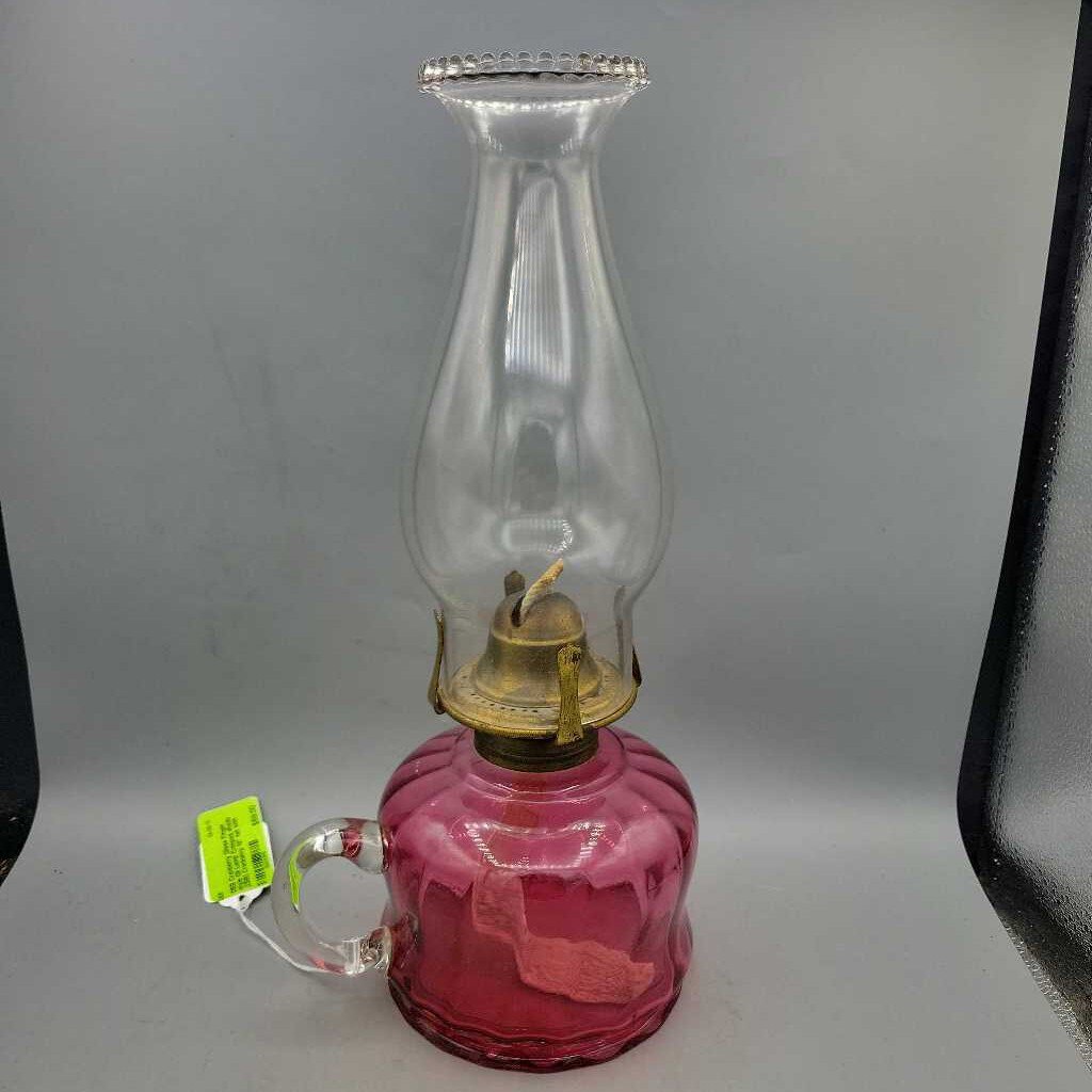 Cranberry Glass Finger style Oil Lamp lantern Crimped shade (DEB)