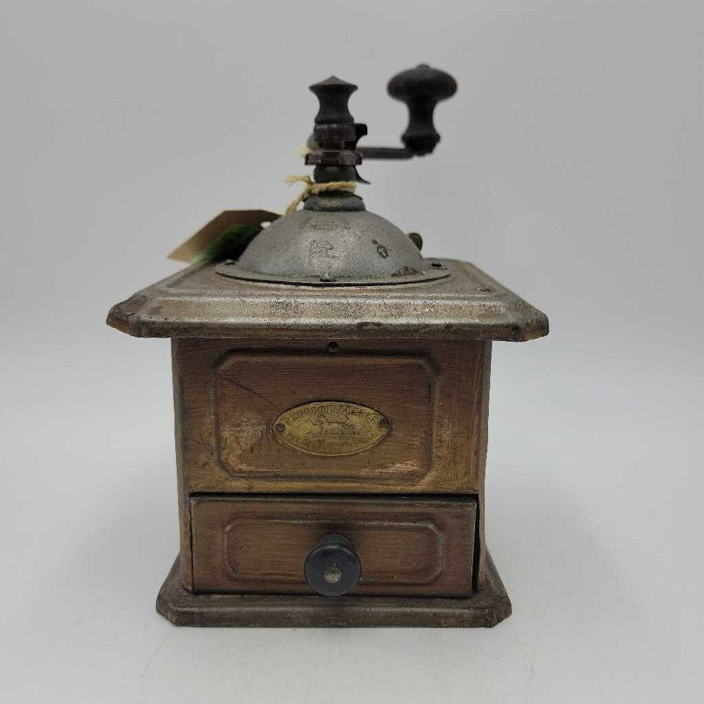 Coffee Grinder Peugeot Freres w. original brass nameplate Pressed Tin w. wood crank know France (TWS) Coffee Grinder Peugeot Freres w. original brass nameplate Pressed Tin w. wood crank know France (TWS)
