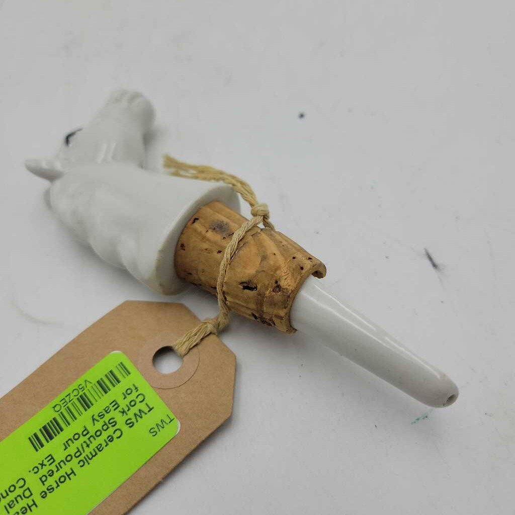 Ceramic Horse Head Cork Spout/Poured Dual Holes for Easy Pour Exc. Cond. (TWS)