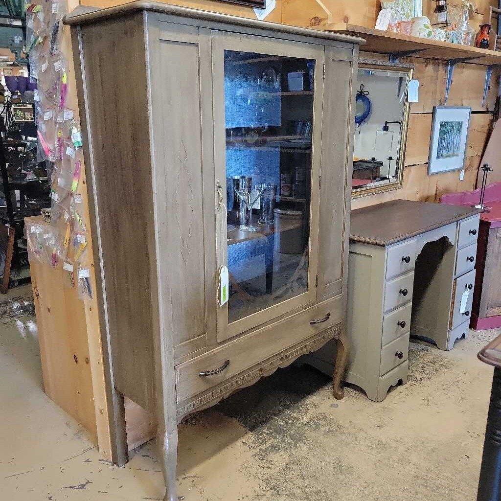 HB 1 Vintage China Cabinet. Peel and stick blue backing, new hardware on drawer, original door hardware