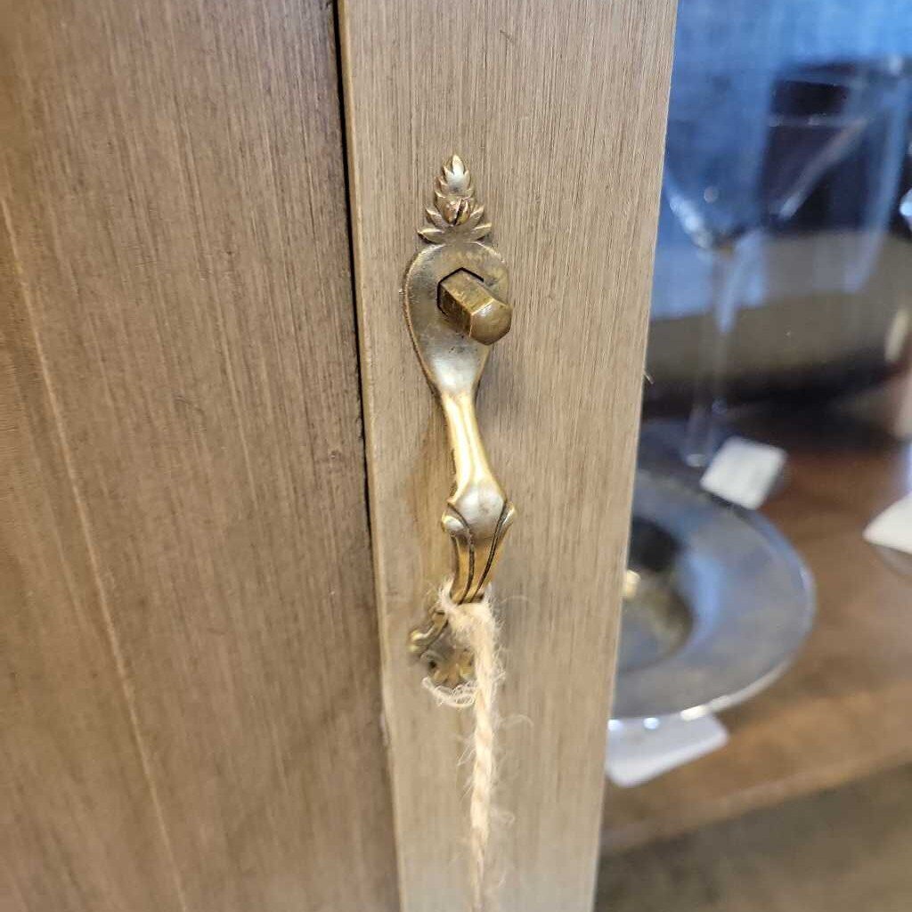 HB 1 Vintage China Cabinet. Peel and stick blue backing, new hardware on drawer, original door hardware