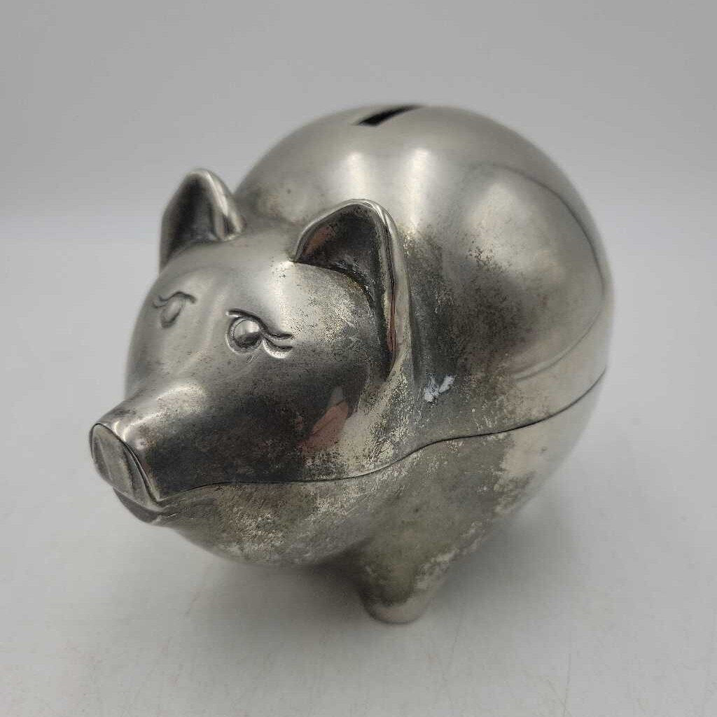 Silver coloured metal piggy bank (JL)