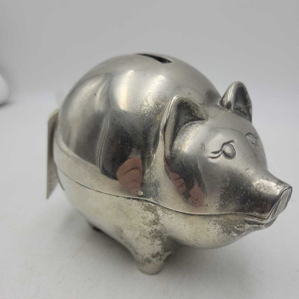 Silver coloured metal piggy bank (JL)
