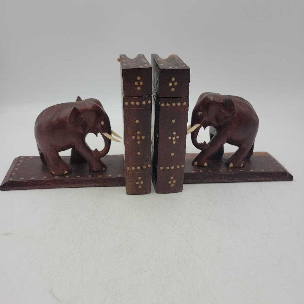 Sri Lanka Ebony hand carved book ends Elephants with secret compartments (SBG)