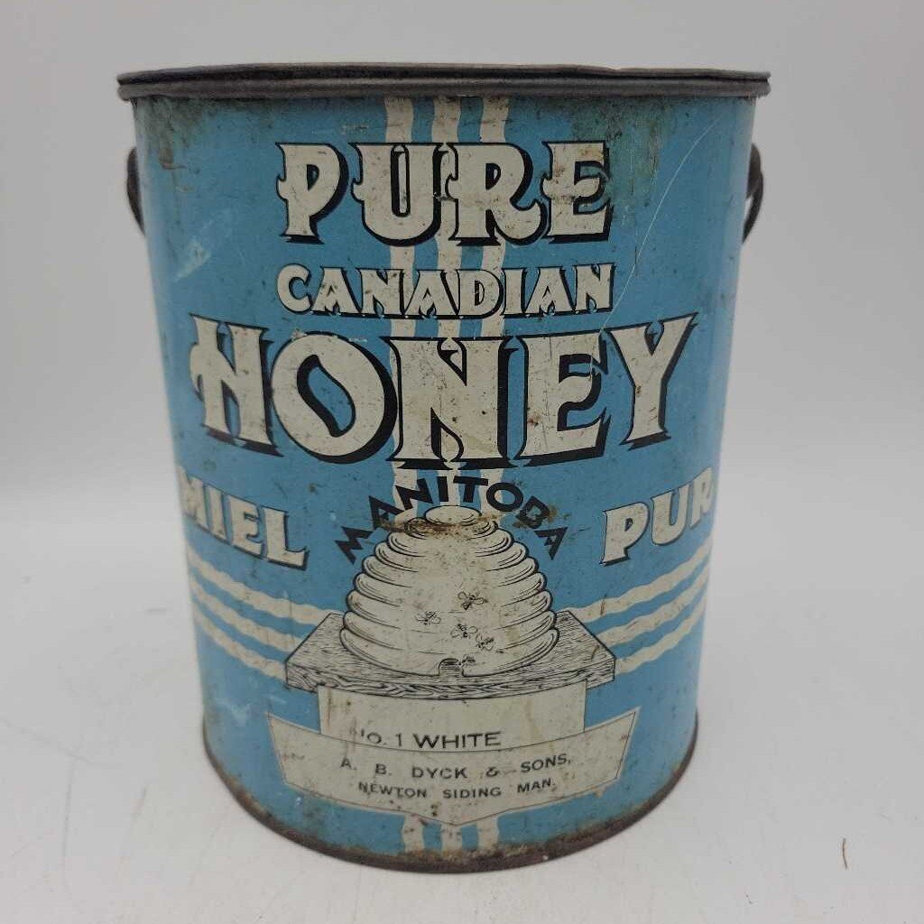 Pure Manitoba Antique Honey Tin pail Newton Siding (DR)