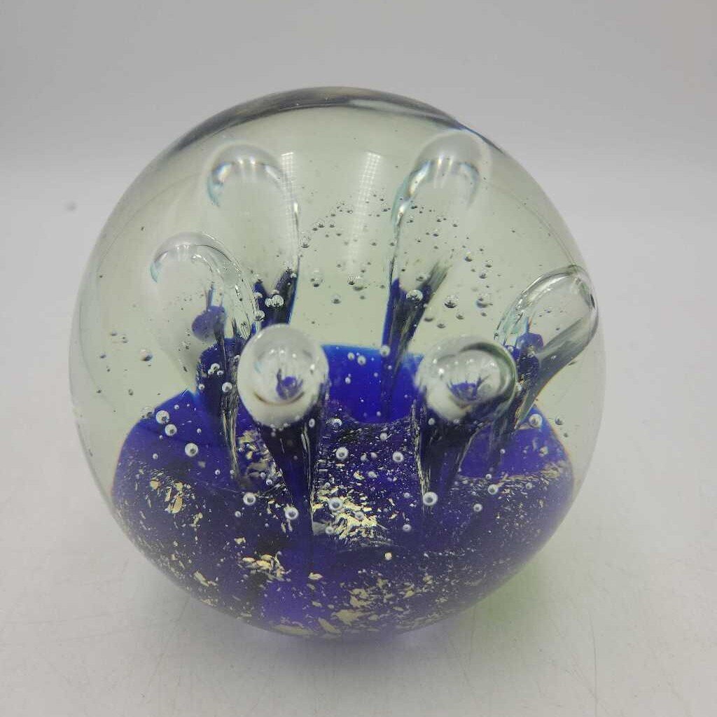 Large Glass Paperweight, Rising Bubbles, Blue Base with Gold Flecks (TWS)