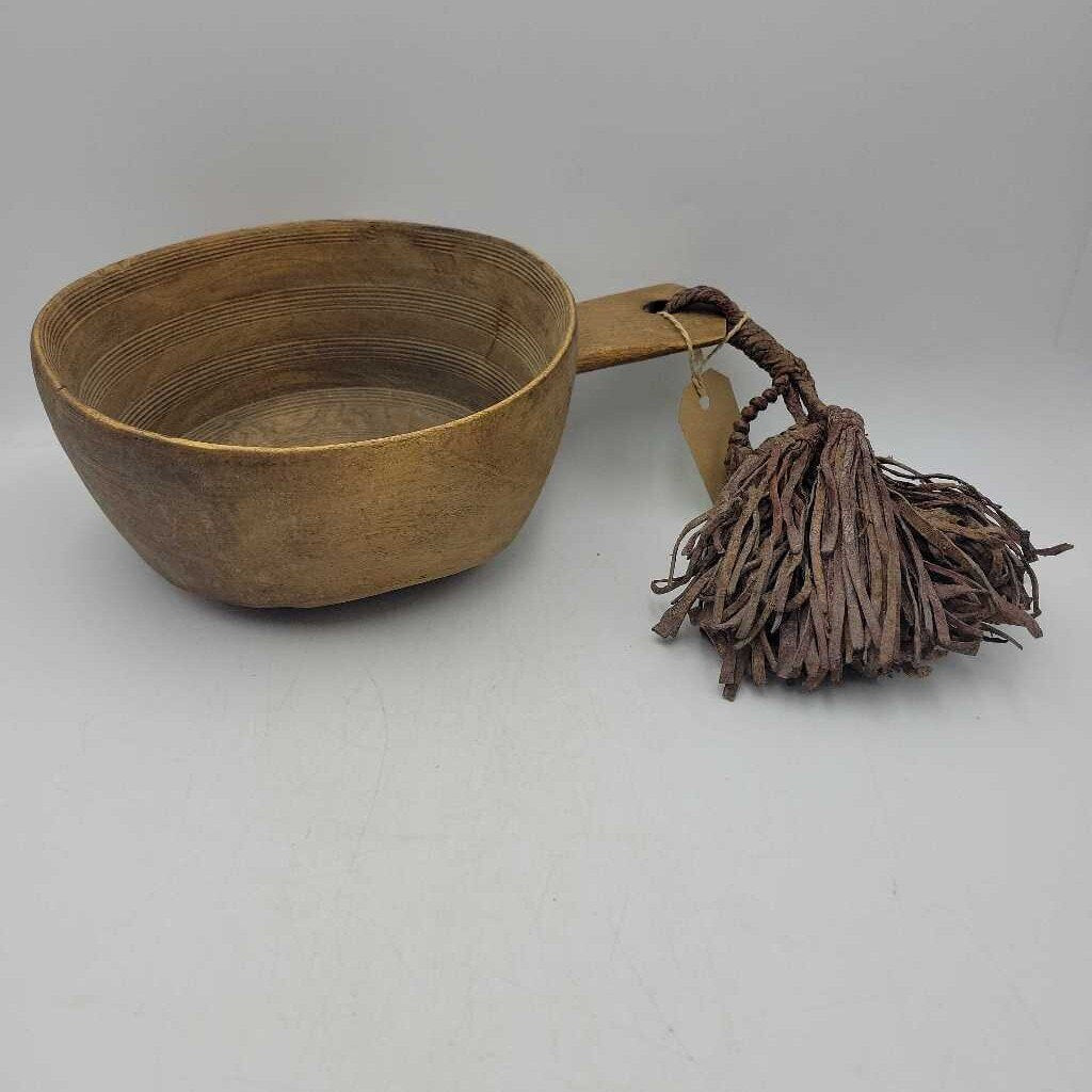 Wood Bowl with Leather Tassels