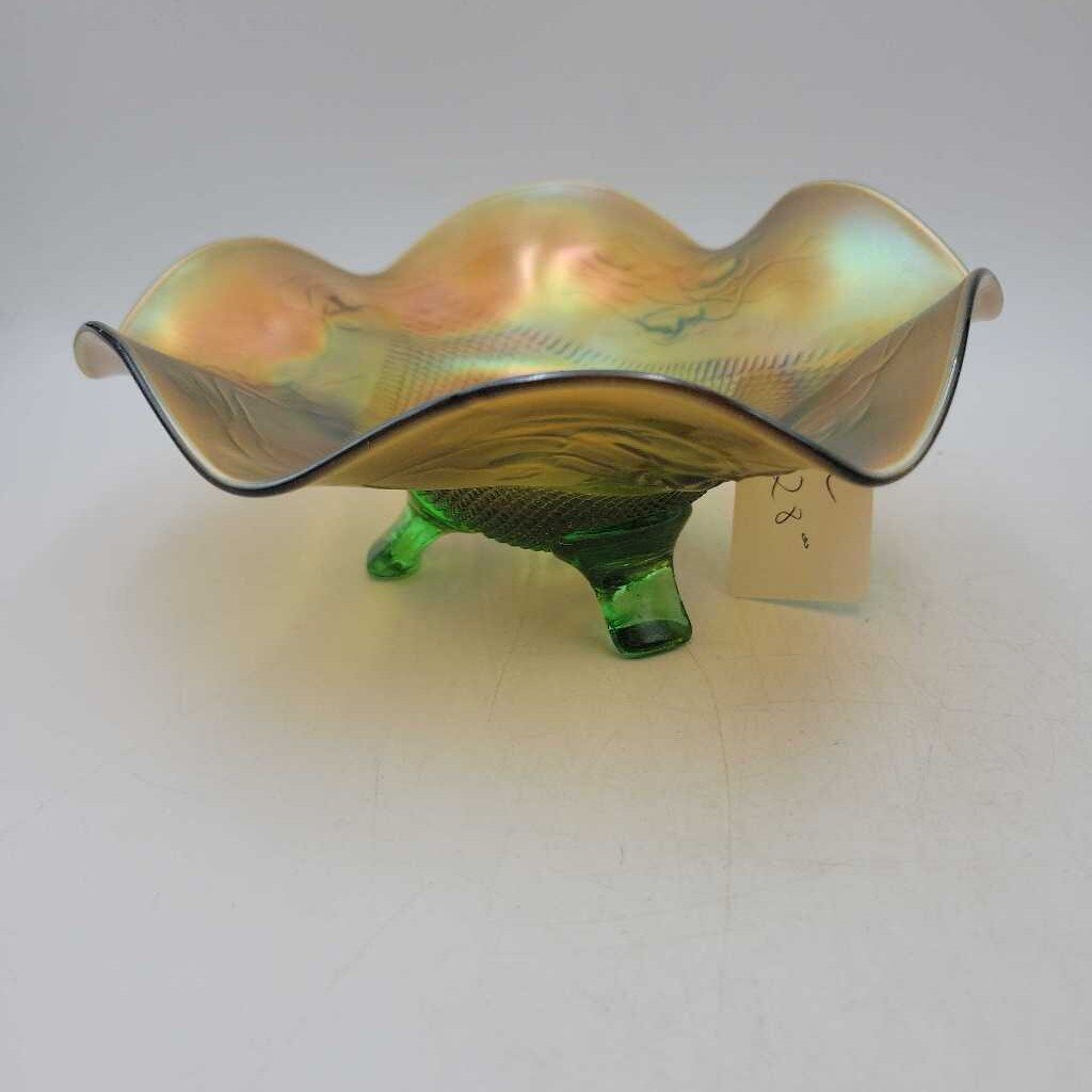 Green Carnival Glass footed bowl (JL)
