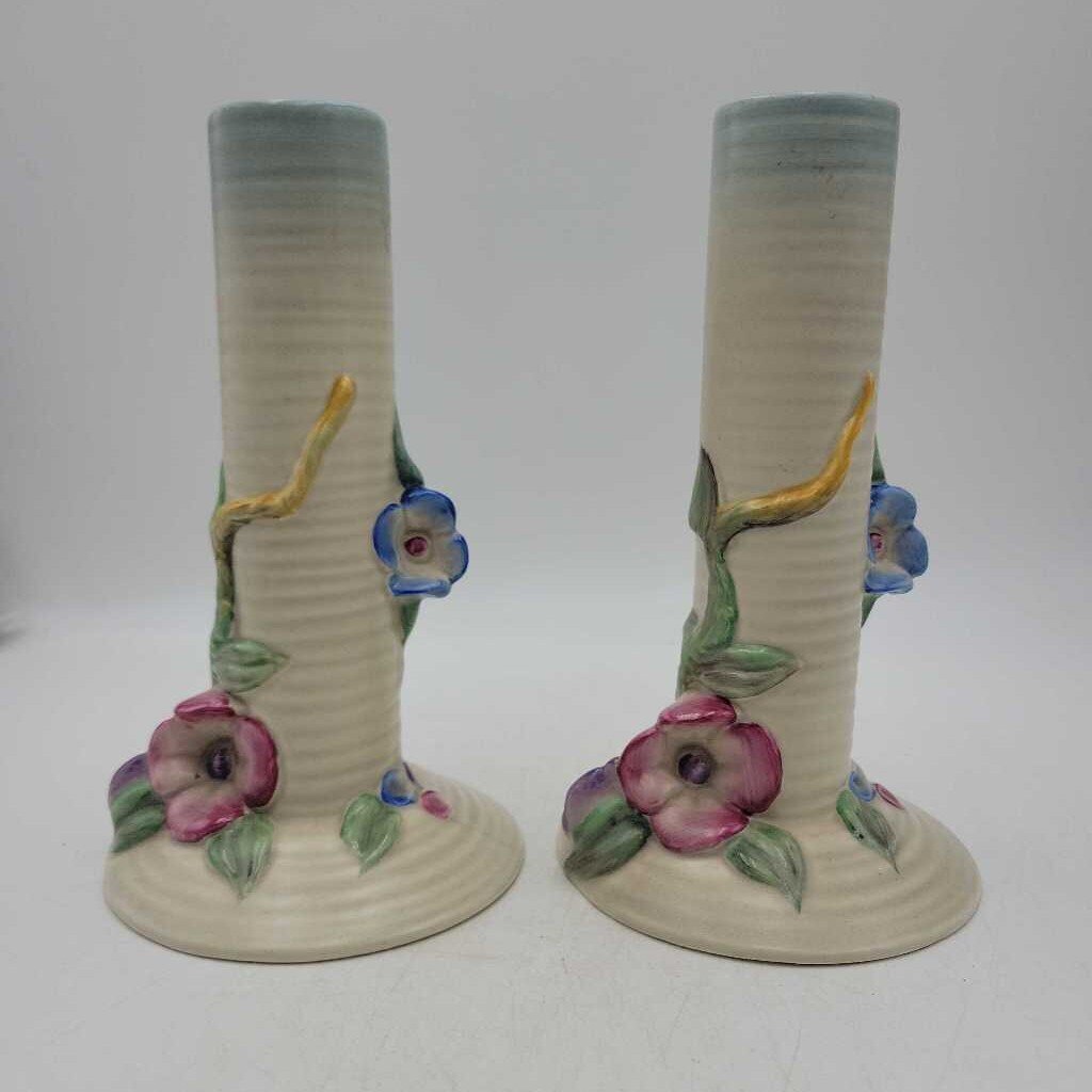 Clarice Cliff pair of vases ribbed "My Garden" (MARR)
