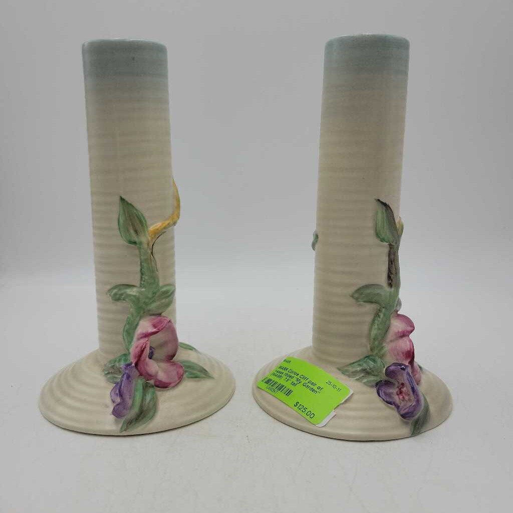 Clarice Cliff pair of vases ribbed "My Garden" (MARR)