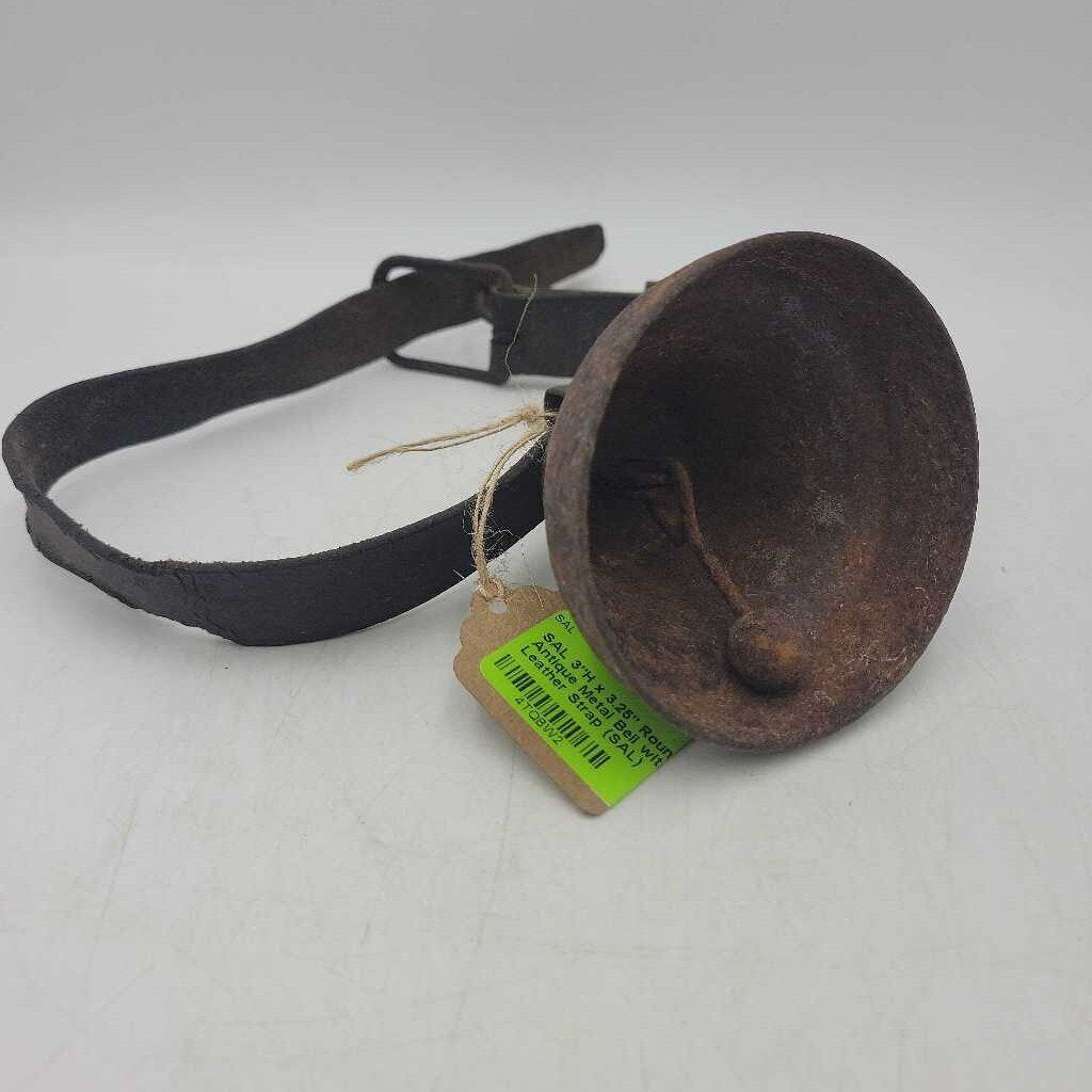 3"H x 3.25" Round Antique Metal Bell with Ling Leather Strap (SAL)
