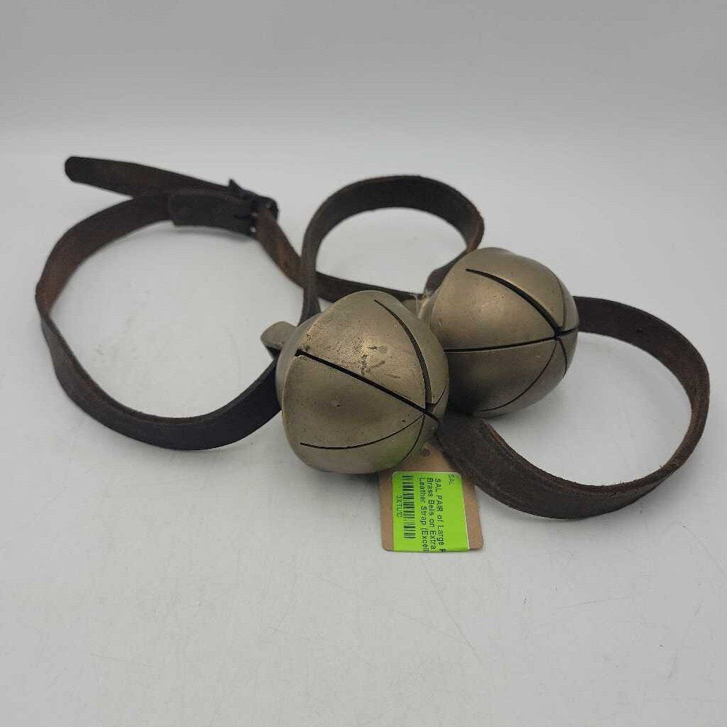 PAIR of Large Round Brass Bells on Extra Long Leather Strap (Excellent Condition!)