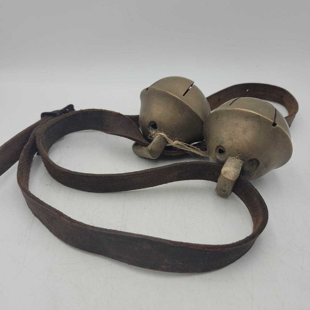 PAIR of Large Round Brass Bells on Extra Long Leather Strap (Excellent Condition!)