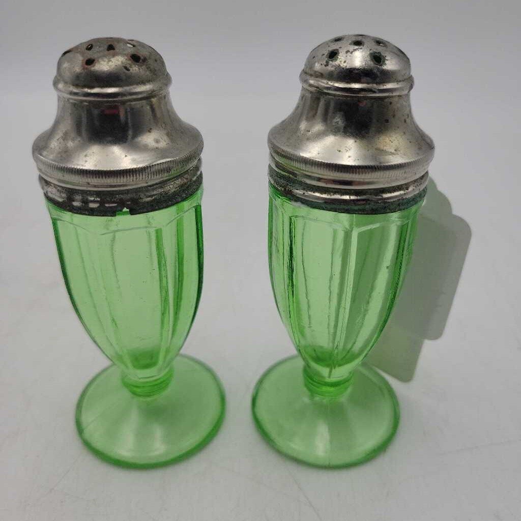 Hazel Atlas 1930's Uranium Glass Salt & Pepper Ribbon Pattern (RHA)