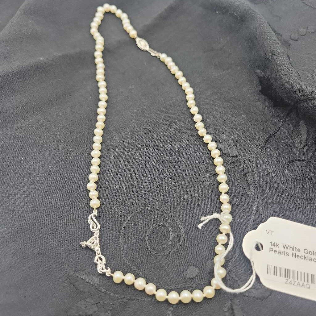 14k White Gold, Diamond & Pearls Necklace - 8298
