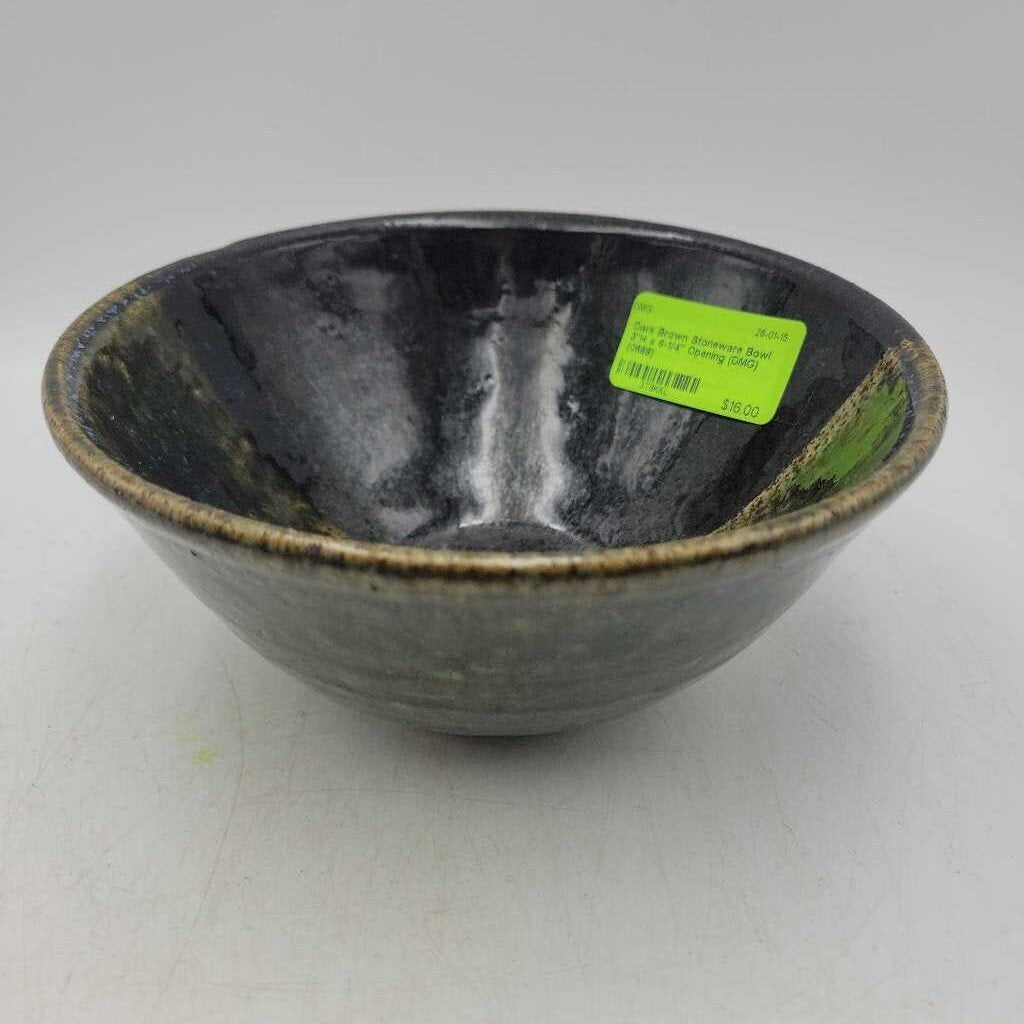 Dark Brown Stoneware Bowl 3"H x 6-1/4" Opening (DMG) (0668)