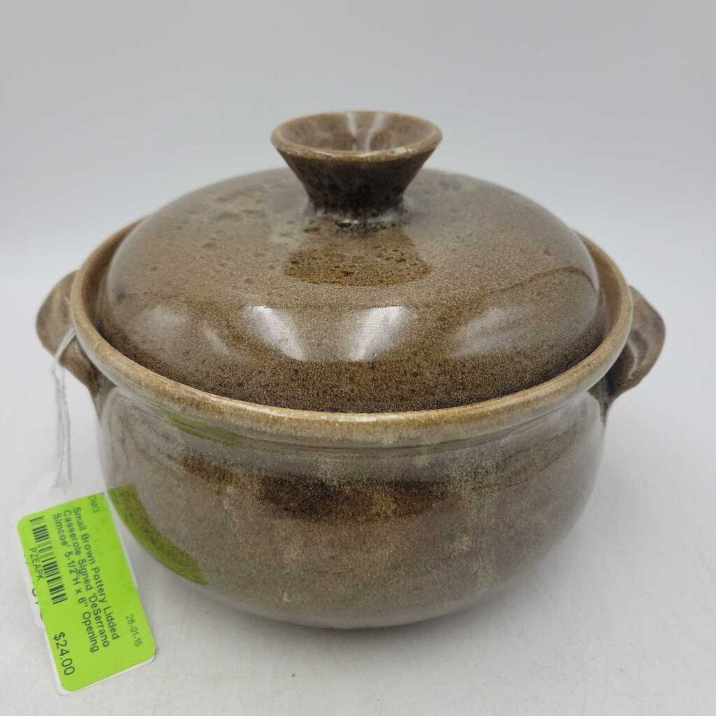 Small Brown Pottery Lidded Casserole Signed 'DeSerrano Simcoe' 5-1/2"H x 6" Opening (DMG) (9764)