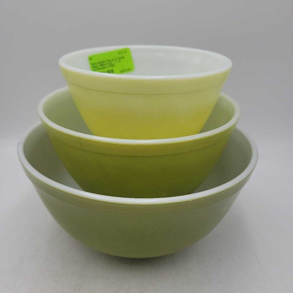 Pyrex Bowls, Set of 3 Verdi Green, 1960s 8-1/2", 7", 5-1/2"diameters (TRE)