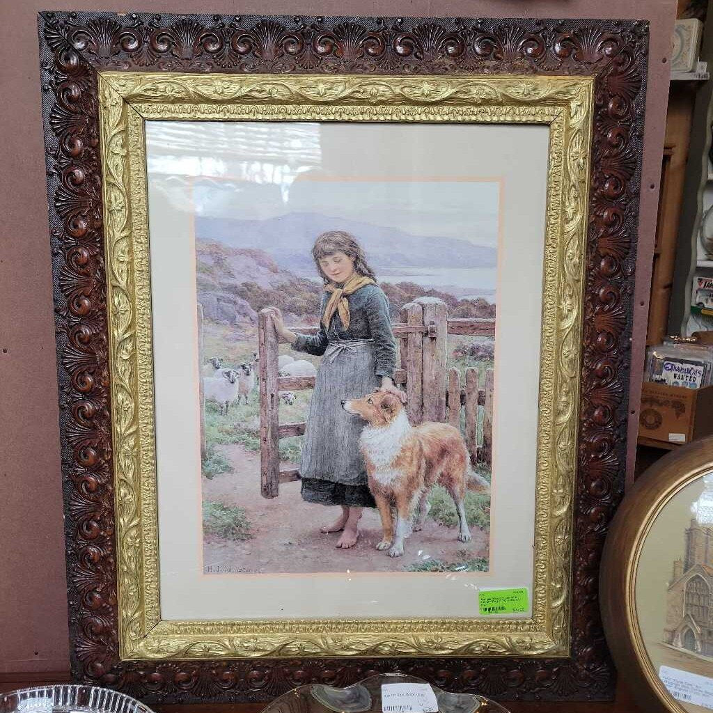 Antique Wood Frame with Girl and Dog (YVO) (602)