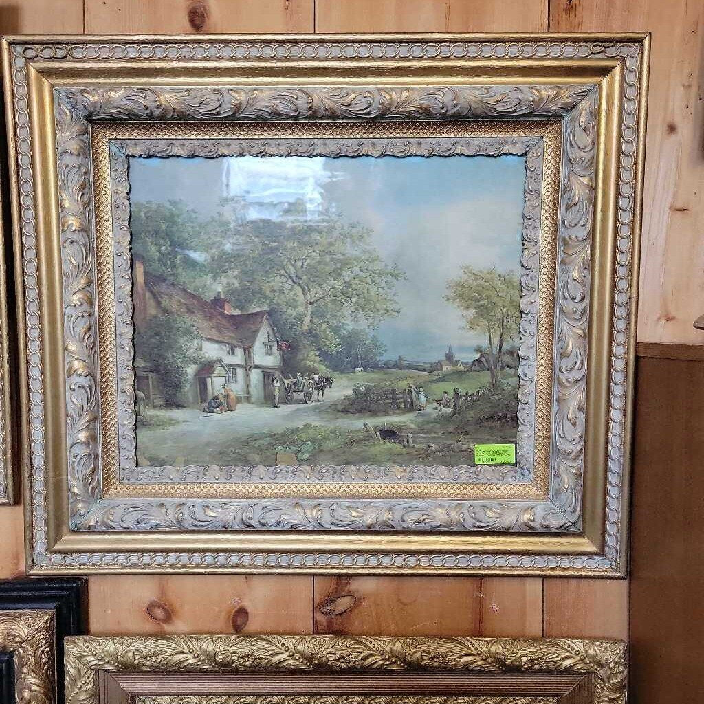 Antique Wooden Frame with Cottage and Horse and Wagon (YVO) (602)