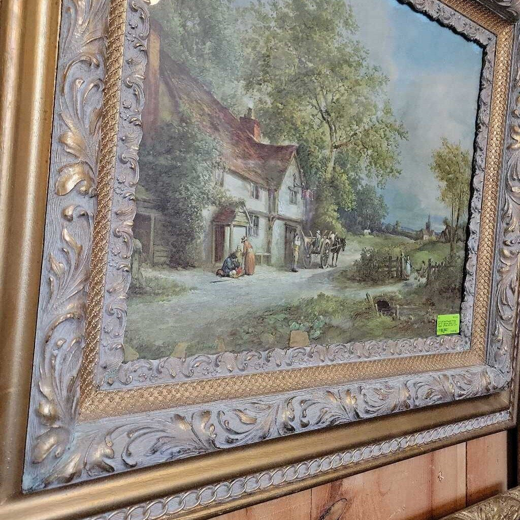 Antique Wooden Frame with Cottage and Horse and Wagon (YVO) (602)