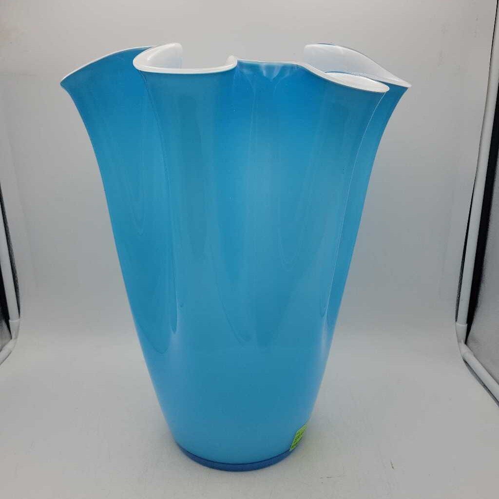 Large Blue & White Art Glass Fluted Vase (TWS)