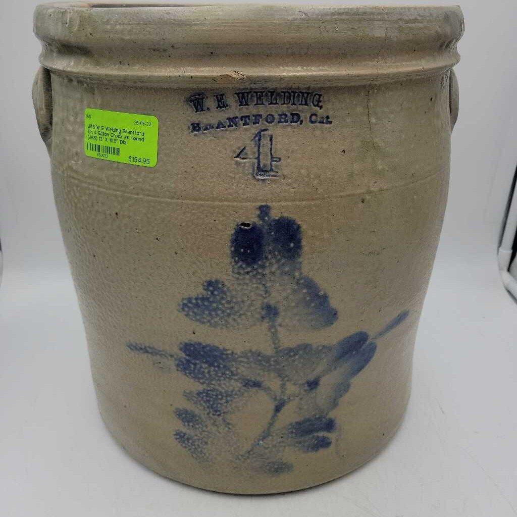 W E Welding Brantford On. 4 Gallon Crock as found (JAS)