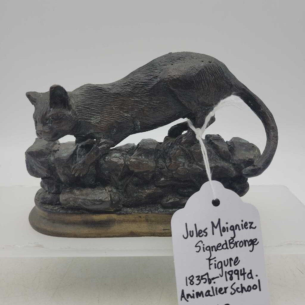 Signed Bronze Cat on Garden Wall, Jules Moigniez, (b.1835-d.1894) #2839