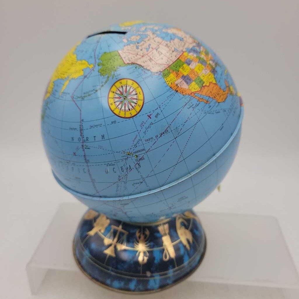 Vintage Tin world Globe coin bank (DEB)