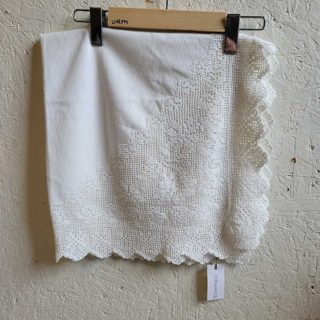 White cotton table square, 32" x 32", deep embroidered hem (Imperfect) (VRM)