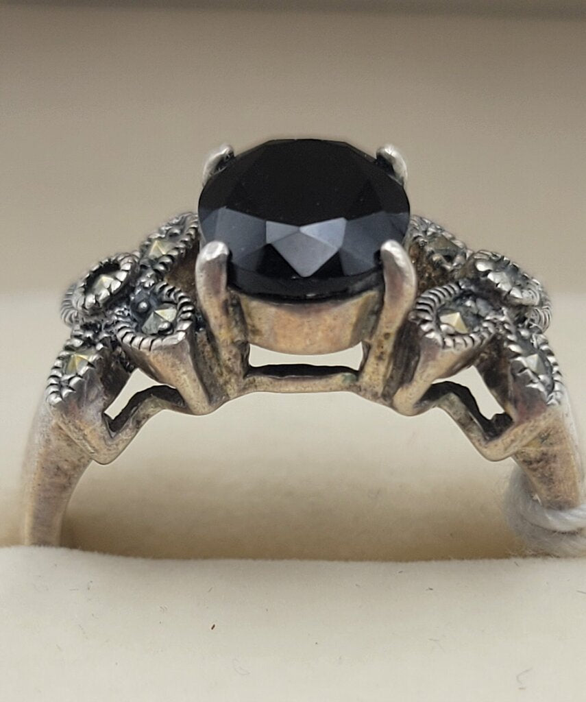 Sterling Marcasite & Onyx Ring - 13659 (VT)