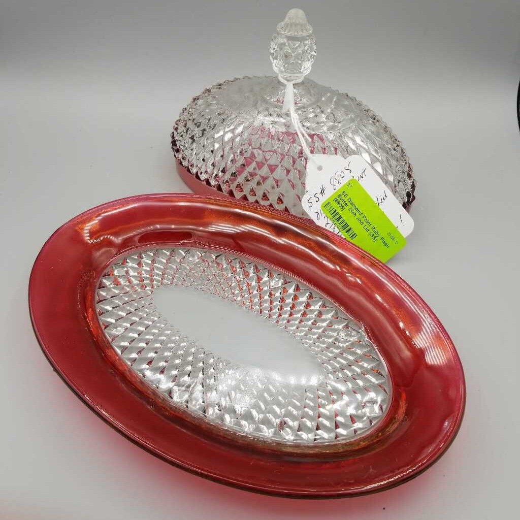 Diamond Point Ruby Flash Butter Dish and Lid (SS) (8805)