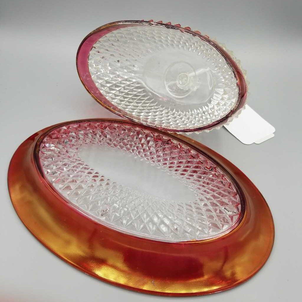 Diamond Point Ruby Flash Butter Dish and Lid (SS) (8805)