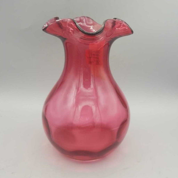 Thumb Print Cranberry Glass Vase Ribbon Handle (RHA)