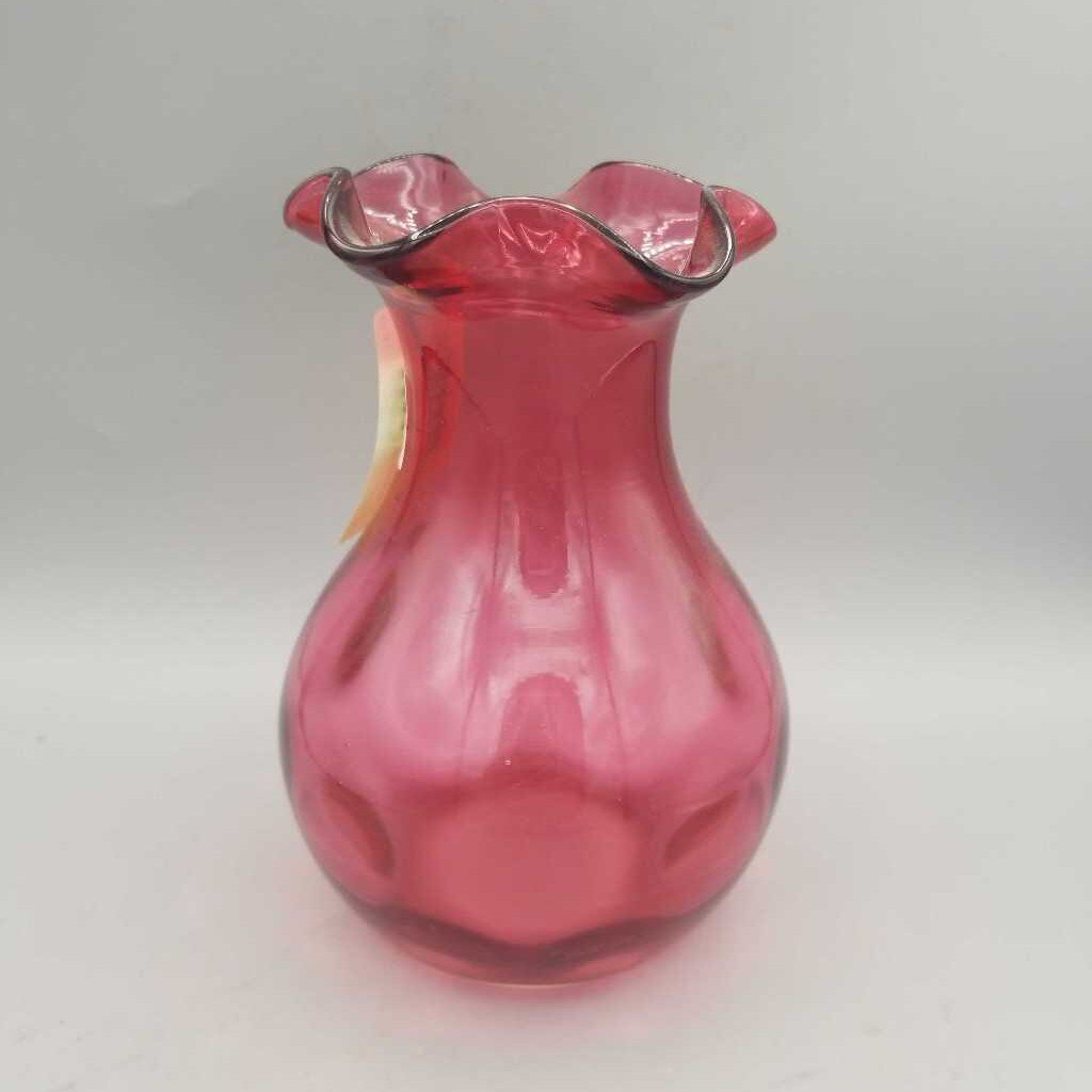 Thumb Print Cranberry Glass Vase Ribbon Handle (RHA)