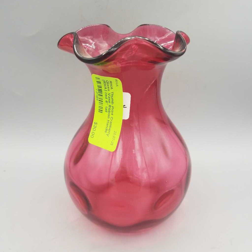 Thumb Print Cranberry Glass Vase Ribbon Handle (RHA)