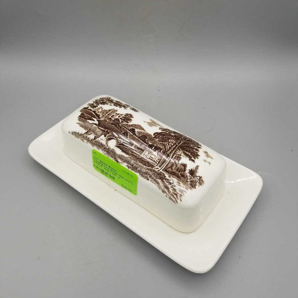 Meakin Brown Transferware Butter Dish (CAT) A709 Meakin Brown Transferware Butter Dish (CAT) A709
