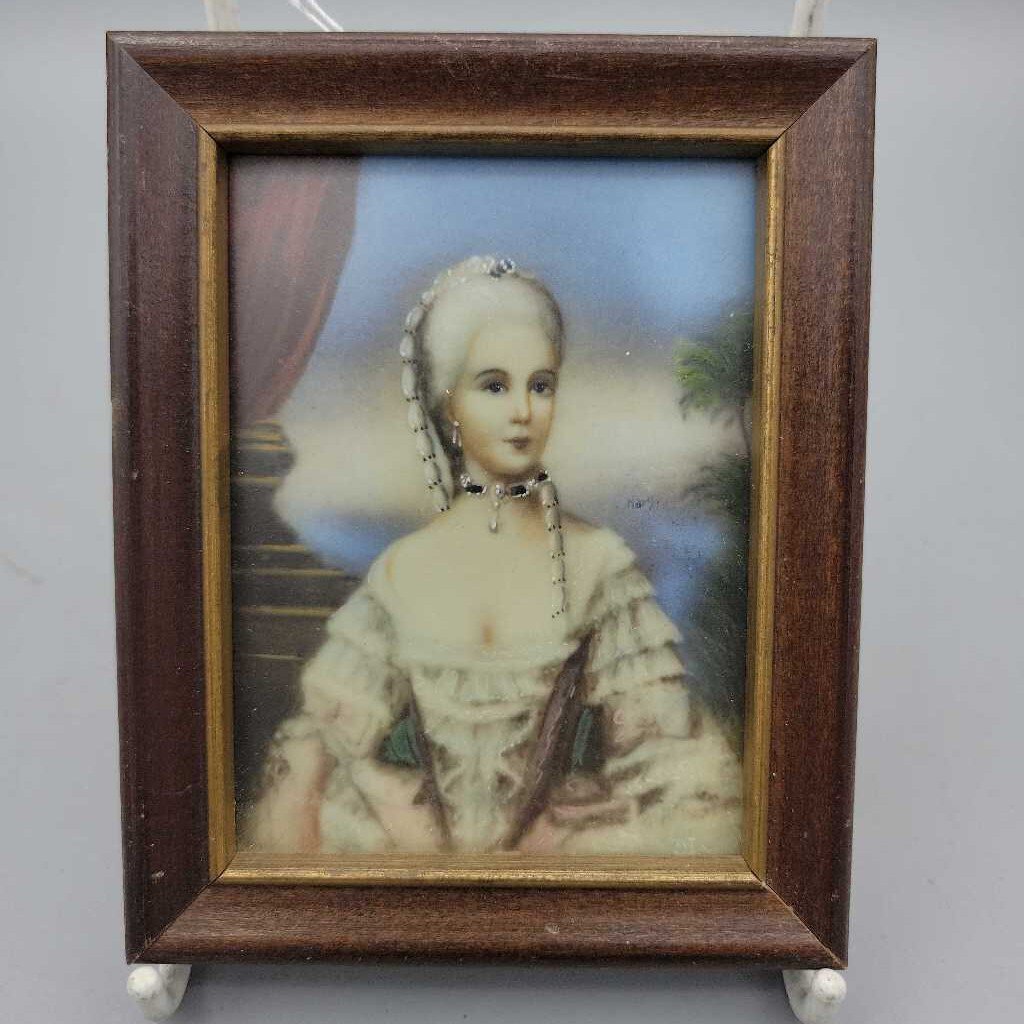 Antique Handpainted Portrait on Glass/Porcelain, Vintage Frame - VT #6757