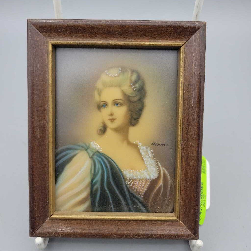 Antique Handpainted Portrait on Glass/Porcelain, Vintage Frame - VT #6758